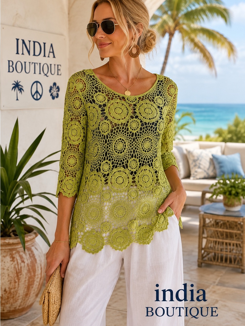 NWT,India Boutique, Retro Green,Awesome Crochet Top, Size Medium